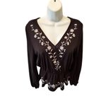 Blue Rain Y2K Embroidered Peplum Top Black Sz L Long Bishop Sleeve Whimsigoth Retro Witchy Photo 1