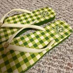 Tory Burch Flip Flop Slip Strap Green Plaid Checkered Sandals- Size 8 Photo 4