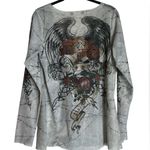 Rock & Republic Womens Y2K Mesh T-Shirt Gray Cross Angel Wings Tattoo Sleeve Grunge Size Med Photo 7