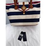 Tommy Hilfiger Striped Canvas Tote Bag Leather Trim Nautical Preppy Coastal Chic Photo 3