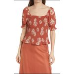 Madewell  Georgette Lucie Floral Smocked Top‎ Square Neck Puff Sleeve Rust Size M Photo 2