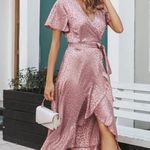 Simplee Apparel Pink blush leopard animal print satin true wrap maxi dress size medium Photo 1