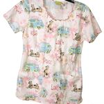 Scooby Doo Floral Love Peace Ruffle Lettuce Edge Scrub Top White Pink XS Photo 0