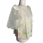 Vintage Sheer Embroidered Blouse Medium Cream Puff Sleeves Colorful Floral Photo 5