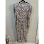 Mac Duggal  Silver Beaded Lace Long Sleeve Midi Dress Size 8 5574 V Neck Sequin Photo 4