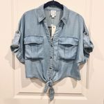 Francesca's NWT Francesca’s Yelena Utility Pocket Chambray Tie Front Button Down Top - Small Photo 3