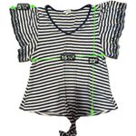 Eyeshadow  Navy White Stripe Tie Front Tee Small Scallop Eyelet Sleeves Photo 6