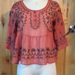 Free People Pennies Sequel Semi-Sheer Rust Embroidered 3/4-Slv Blouse Top VGUC XS Photo 1