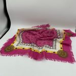 Henri Bendel  Knit Pink Yellow Ivory Logo Fringe Scarf Square Photo 3