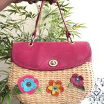Pink and cream woven straw wicker floral hand bag purse satchel Measurement in pictures Photo 0