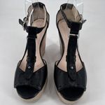 Coach Gala Black Leather Wedges Espadrille Wood Size 10 Peep toe T Strap Sandals Photo 1
