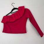 Anthropologie By Ruffle Stretch Ribbed Knit One Shoulder Long Sleeve Top Red S Photo 5
