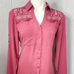 EXPRESS  Pink Lace Detail Button Down Shirt Photo 0