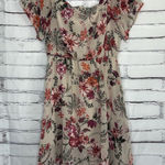 AUW  Floral Midi Dress Women’s Medium Beige Red Short Sleeve Boho Peasant Western Photo 0