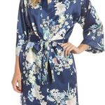 Flora Nikrooz Satin Blue Floral Print Petra Short Robe Tie Belt M/L Medium Large Photo 11