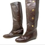 Loeffler Randall  Brown Leather Tall Wedge Boots golden 3 button details size 7.5 Photo 4