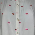 Japna  Womens Kiss Lip Print White Button Down Blouse Size Medium Cuff Sleeves Photo 1