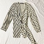 ZARA  Cream and Black with Stripe and Polka Dots Wrap Blouse Long Sleeve Top Photo 3