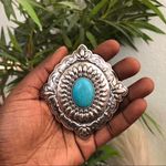 Silver Tone Faux Turquoise Blue Huge Chunky Stone Pendant Charm Decor Southwestern Navajo Boho. No clasp Photo 0