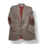 Vintage Wool Houndstooth Plaid Blazer Brown Suede Elbow Patch Oversized Small Tan Photo 1