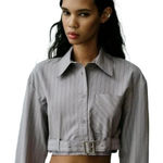ZARA  Women's‎ Gray Pinstripe Long Sleeve Belted Cropped Shirt Top Size Large Photo 0