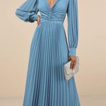 Lulus Sophisticated Grace Slate Blue Pleated Long Sleeve Maxi Dress Photo 0