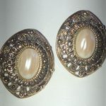 Vintage Brass/ Darker Gold Tone Filigree Faux Pearl Pierced Earrings Photo 4