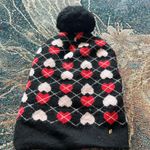 Juicy Couture Black and Red Heart Patterned Knit Beanie Hat Cozy Hippie Grunge Photo 1