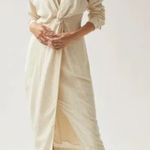 Anthropologie NWT  V Neck Knot Front Long Sleeve Faux
Wrap Midi Dress Ivory Linen Photo 0
