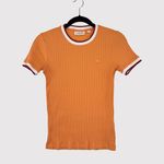 Lacoste Womens Shirt Orange Crew Neck Fantasy Knit Ribbed Slim Fit 34 US Small Photo 1