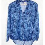 Chico's Blue Chambray Denim Printed Button Down Top Women's Size 0 Small S Photo 0