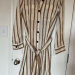ZARA boho cream tan striped linen buttoned belted collared shirt midi dress XS Photo 4