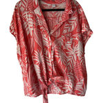 Old Navy XXL Red White Tropical Leaf Print Button Front Tie-Hem Shirt Photo 0
