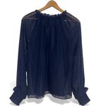 Draper James Navy Swiss Dot Sheer Ruffle Neck Long Sleeve Blouse Top Womens S Photo 2