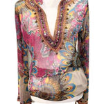 New Monique Leshman Embellished Silk Boho Blouse, Small Pink Photo 0