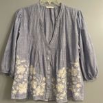 Lovestitch  Chambray Embroidered Floral Pintuck  Women's Blue Button-Up Top Photo 3