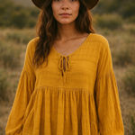 Free People Mustard Peasant Blouse Top – Boho Textured Gauze – Size L Photo 0