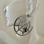 Spiderweb Hoop Earrings with Black Rhinestone Spiders Silver Photo 0
