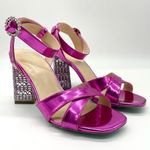 Betsey Johnson Women's Bell Heel Fuchsia Patent Silver Strappy Dressy Sandal 7.5 Photo 0