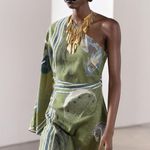 ZARA  COLLECTION PRINT ASYMMETRIC ONE SHOULDER LONG SLEEVE LINEN DRESS GREEN  NEW Photo 6