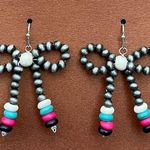 Navajo Style Pearl Bow Earrings with White, Turquoise, Pink & Black Disks Silver Photo 0