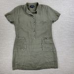 French Curve Linen Dress Womens Medium Olive Green Fringe Trim Pockets Casual Photo 8