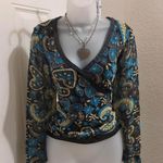 Nine West 2000s 100% Silk boho indie whimsygoth Blue black paisley wrap top blouse shirt long sleeves Size 6/S Measurement in pics Photo 0