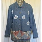 Bobbie & Brooks Bobbie Brooks Womens Shirt Jacket Sz Large Blue Denim Button Up Floral Patchwork Photo 0