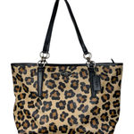 Coach Ellis Leopard Printed Coated Canvas City Tote Gold Hardware Black Leather Photo 0