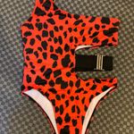 Cupshe Hot Red Cheetah Print One Piece One Shoulder Cut Bikini With Side Belt Photo 0