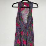 Vintage 1990s Bright Green & Pink Floral Sleeveless Deep V Neck Midi Dress Xs Photo 1