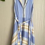 1. State  Linen Blend Midi Shirt Dress Medium Blue Striped Belted Coastal Hamptons Photo 2