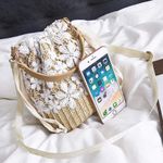Exquisite Beach Clutch Purse Bag Bucket Bag Lace Handmade Straw Woven Sling Handbag Shoulder Crossbody Bag for Women, Beige, One Size Photo 1