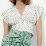ZARA Linen Top polka dot crop womens Cream Green (large) chic minimalist resort Photo 3
